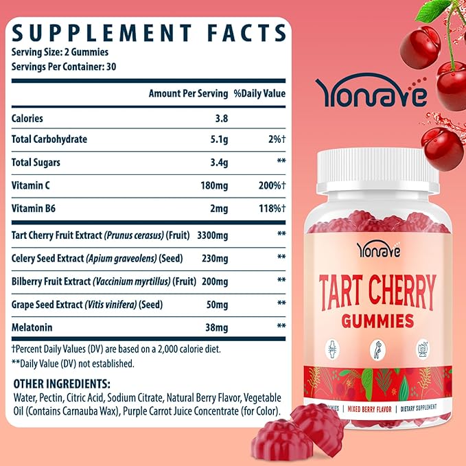 Yonrave Tart Cherry Gummies – Uric Acid Cleanse & Joint Support with Celery Seed – Vegan, Antioxidant Tart Cherry Supplement – Mixed Berry Flavor, 60 Count