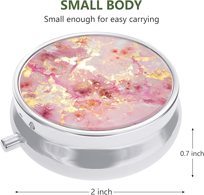 Nipichsha Pill Box, Small Pill Case for Purse & Pocket, Cute Travel Medicine Organizer, Portable Medicine Container Holder to Hold Vitamins, Medication, Fish Oil & Supplement, Gold Pink Marble