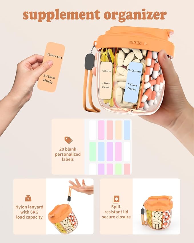 Pill Organizer with 7 Compartments, Pill Box Case for Holding 7 Different Vitamins, Anti-Mix Design for Easy Medication Retrieval. Travel Pill Organizer with 20 Labels.Pill Container（Orange）