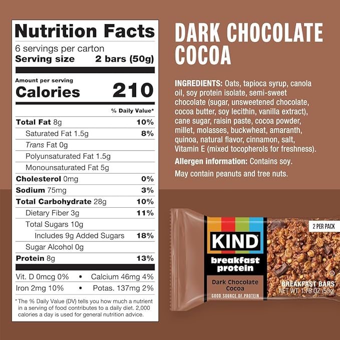 KIND Breakfast Protein Bars, Dark Chocolate Cocoa, Healthy Snacks, Gluten Free, 8g Protein, 6 Count