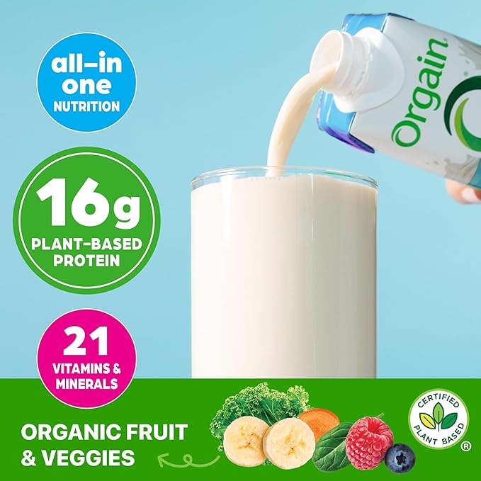 Orgain Organic Nutritional Vegan Protein Shake, Vanilla Bean - 16g Plant Based Protein, Meal Replacement, 21 Vitamins & Minerals, Fruits & Vegetables, Gluten Free, Non-GMO, 11 Fl Oz (Pack of 4)