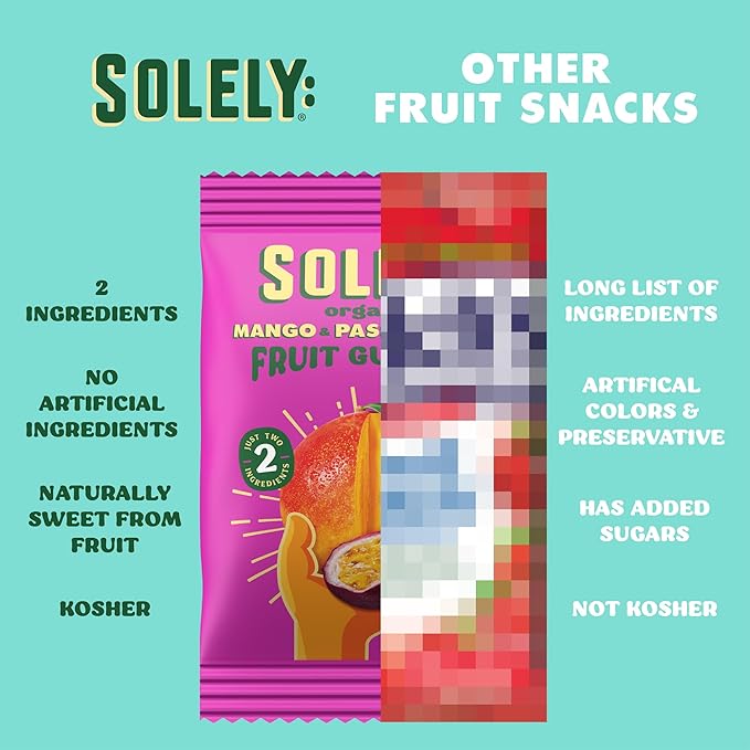 SOLELY - Organic Mango & Passion Fruit Whole Fruit Gummies (Pack of 8 Boxes, 5 Bags per Box) - Fresh Fruit - Healthy Snacks for Adults & Kids - Non GMO, Vegan Snacks, Shelf Stable - 40 Bags (3.5 oz)