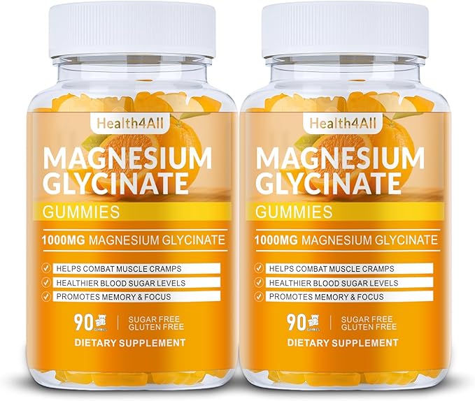 Magnesium Glycinate Gummies 1000mg, High Absorption Sugar Free Magnesium Potassium Supplement for Relaxation, Stress Relief, and Sleep Support for Adults & Kids - 180 Orange Gummies