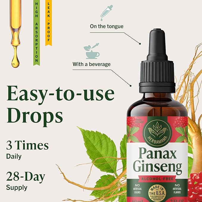 HERBAMAMA Panax Ginseng Root Tincture - Vegan Energy Support with Korean Red Ginseng Extract Liquid Drops - Non-GMO, Alcohol & Sugar-Free Immune Support Supplement - 28-Day Supply