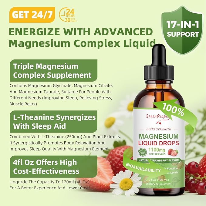 GREENPEOPLE Magnesium Glycinate Liquid Drop - 17-in-1 4Fl. Oz Triple Magnesium Complex Supplement with Glycinate 400mg & Citrate 500mg Taurate/L-Theanine for Calm Mood/Muscle/Sleep,Strawberry Flavor