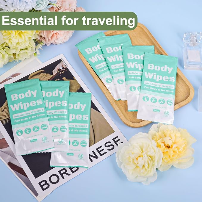 Individually Wrapped Body Wipes Bulk Bath Wipe, Women Men Large Adult Disposable Body Shower Wipes No Rinse-Free Bathing Cloths Wipe for Outdoors After Gym Camping Travel (200, Blue, 12 x 10.3 in)