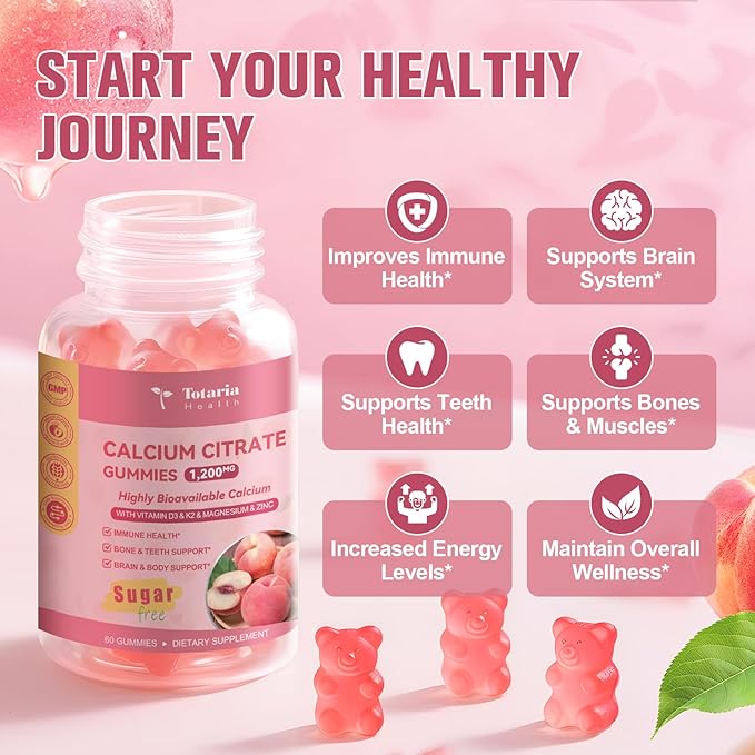 2 Pack Calcium Citrate Gummies 1200 mg - Calcium Supplements for Women with Vitamin D3 & K2,Magnesium,Zinc - Sugar Free Calcium Gummies for Bone & Teeth & Immune Support- Peach Flavor