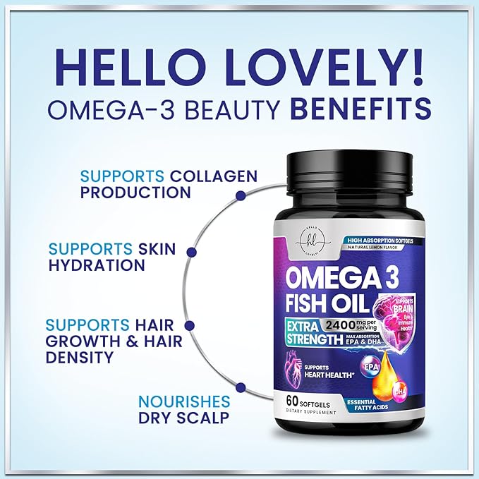 Omega 3 Fish Oil Supplements - 2400mg Fish Oil Per Serving - Triple Strength Omega-3 with EPA & DHA Fatty Acids - Natural Heart, Brain & Immune Support - Wild Caught, Bottled in USA - 60 Softgels