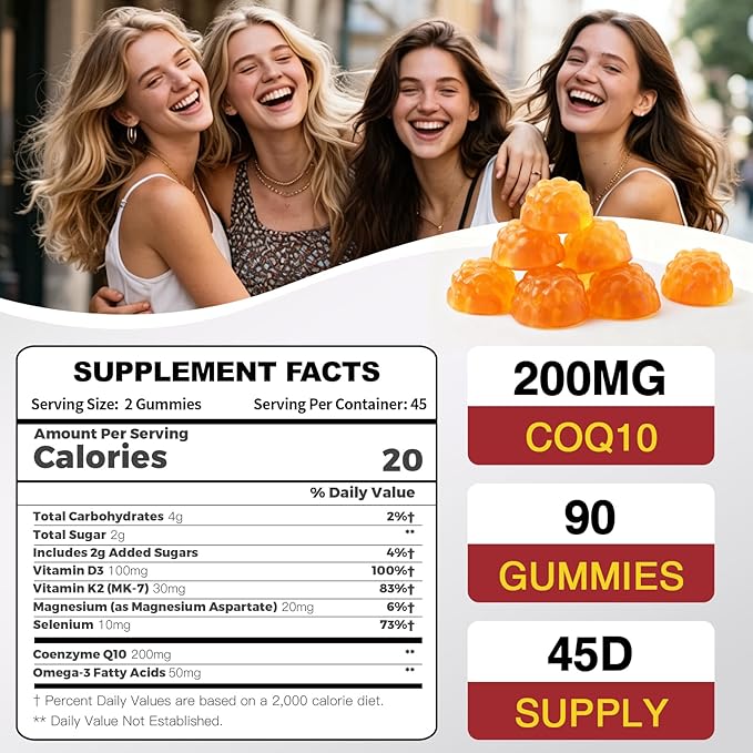 ZEBORA CoQ10 200mg Gummies, High Absorption Coenzyme Q10 Supplements with Omega-3, Heart & Energy Support, Powerful Antioxidant, Orange Flavor, 90 Gummies