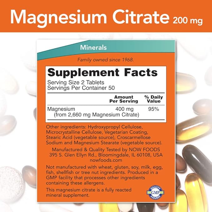 NOW Foods Magnesium Citrate 200 mg Tabs, 100 Count (Pack of 1)