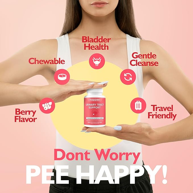 Happee Urinary Tract Health Supplement for Women & Men – Fast-Acting UTI Relief and Prevention, 500mg D-Mannose & Antioxidants, Supports Kidney and Bladder Health, Berry Flavor, 60 Chewables