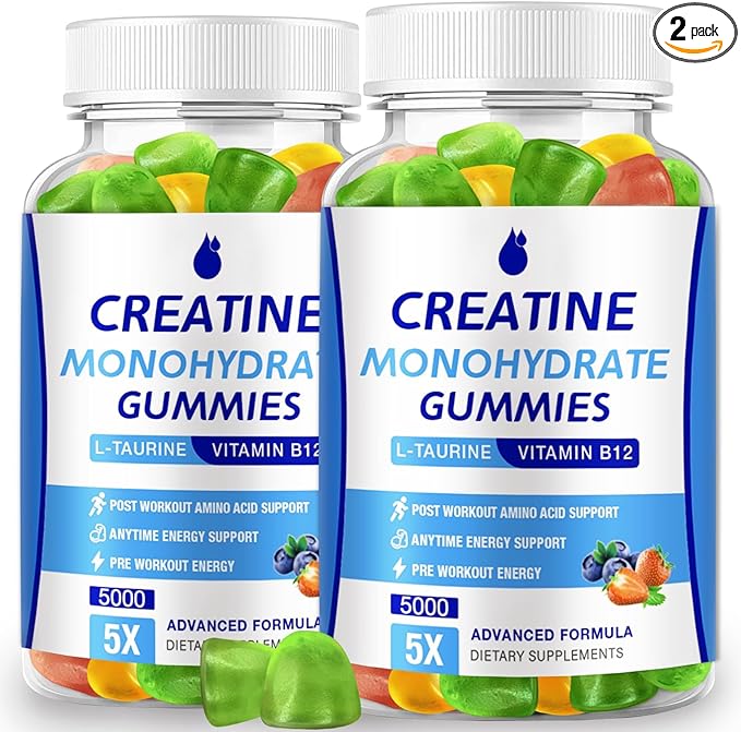 Creatine Monohydrate Gummies 5000mg Creatine for Women & Men 2 Packs, Creatine Monohydrate Chew for Boost Focus, Muscle Strength, 5g Creatine Monohydrate per Serving, Sugar Free, Vegan