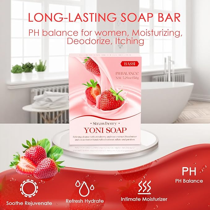 Yoni Soap Bars & Natural Yoni Oil Set, Natural Vaginal Wash for Women Feminine Wash Vaginial Deodorants pH Balance, Eliminates Odor, Feminine Oil 30ml/1 oz, 2 Pcs Vaginal Care Soap (2pcs strawberry)