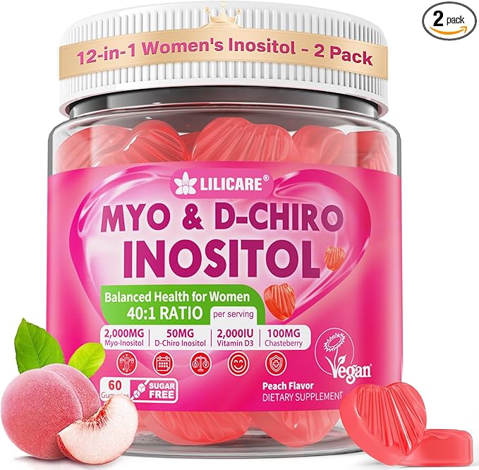 Inositol Gummies for Women + Chasteberry, Myo-Inositol & D-Chiro Inositol 2000mg + 50mg Ideal 40:1 Ratio with Methylated B12 & Folate, Choline, Magnesium, Vitamin D3 for Overall Health, Pack of 2