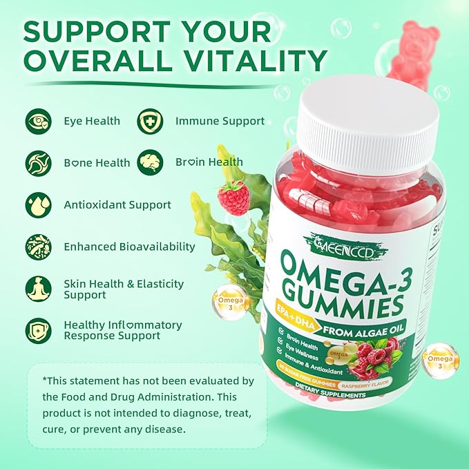 2 Pack Omega-3 Gummies 1000mg, Omega 3 Fish Oil Alternative for Adults, Algae-Based DHA 600mg & EPA 300mg + Vitamins A, C, E, Zinc, Supports Overall Wellness, Raspberry Flavor, 120 Count