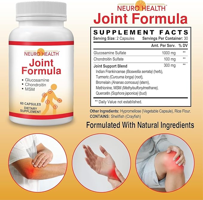 Neuro Health Joint Formula with Glucosamine, Chondroitin and MSM, 60 Capsules (1 Bottle) Turmeric/Joint Support Supplement for Bones, Back, Knees, Hands/Used for Cartilage & Joint Support