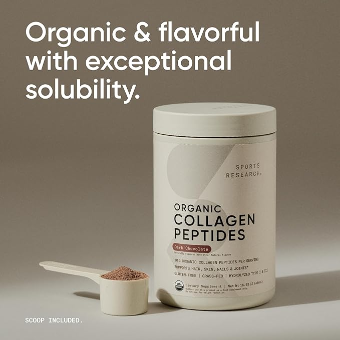 Sports Research Organic Collagen Peptides - Hydrolyzed Type I & III Collagen - Sustainable & Traceable Formula - Chocolate - 30 Servings