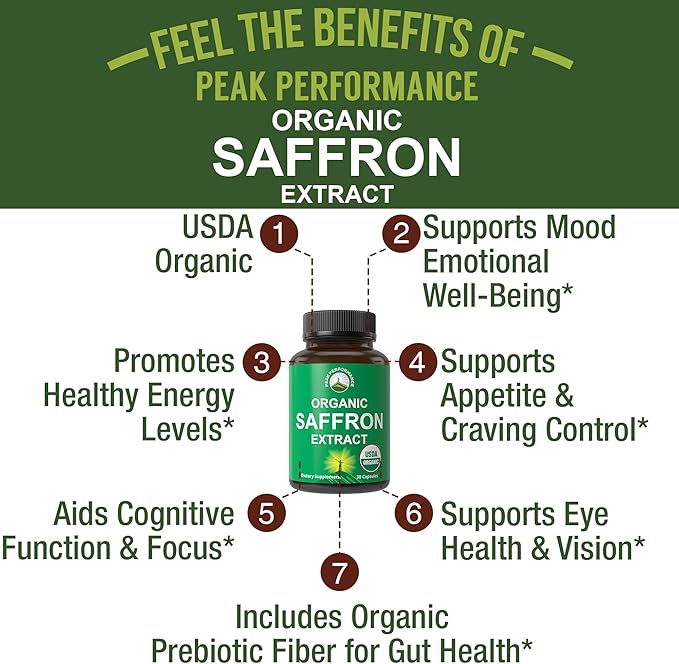 Saffron Supplements - USDA Organic Saffron Extract Capsules for Women, Men, and Kids. with Organic Prebiotic Fiber Instead of Filler. Pure and Natural for Mood, Brain, Focus, Cravings, PMS