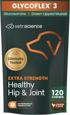 VetriScience Extra Strength Healthy Hip & Joint Chews, GlycoFlex Glucosamine and Green-Lipped Mussel Joint Support Supplement for Dogs, Promote Mobility and Soothe Joint Discomfort, Chicken, 120 Count