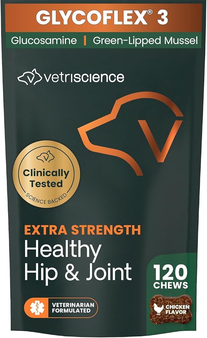VetriScience Extra Strength Healthy Hip & Joint Chews, GlycoFlex Glucosamine and Green-Lipped Mussel Joint Support Supplement for Dogs, Promote Mobility and Soothe Joint Discomfort, Chicken, 120 Count