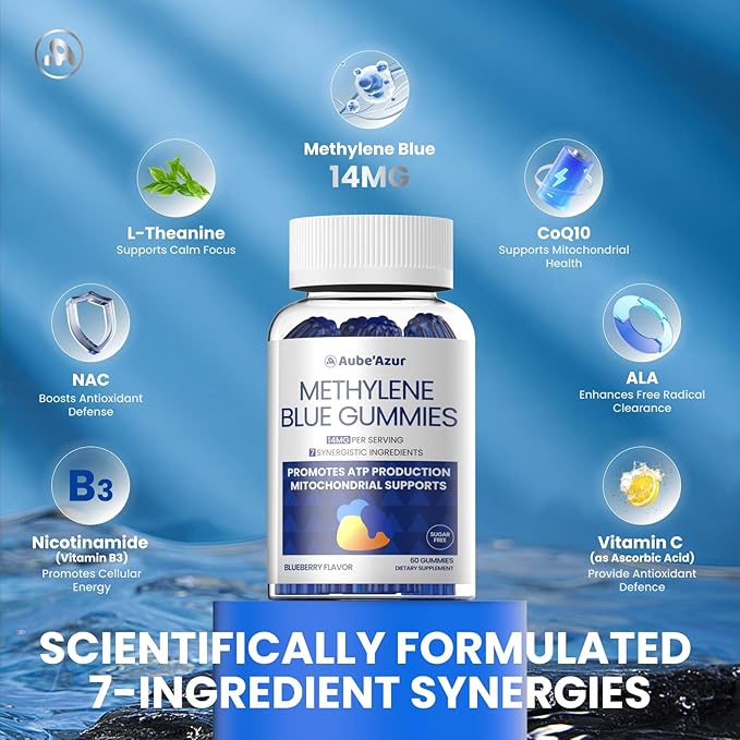 Aube'Azur Methylene Blue Gummies for Humans, 14mg Methylene Blue Supplement with L-Theanine, NAC, Nicotinamide & CoQ10 for Men Women, Fast-Absorbing, Vegan, Sugar-Free, Blueberry Flavor, 60 Count