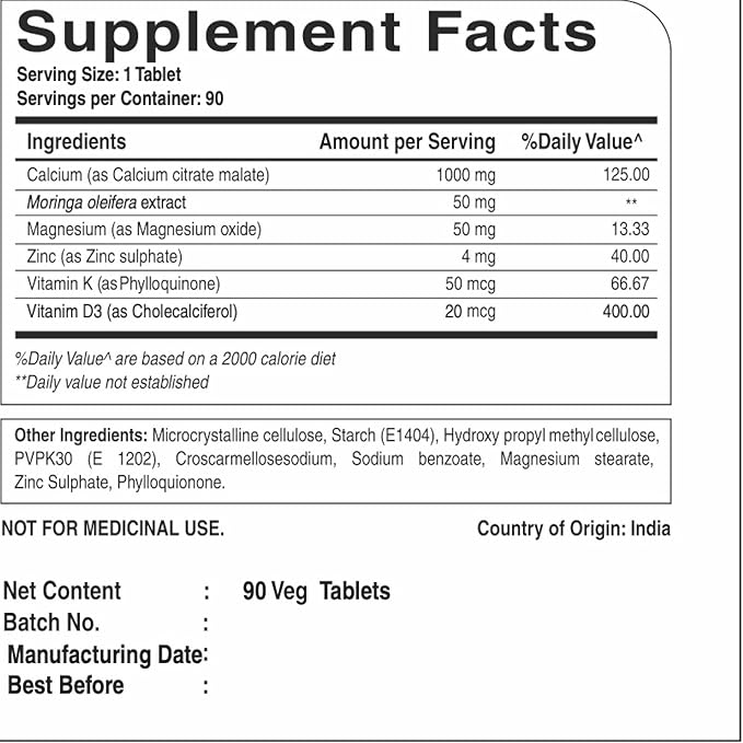 Pure Nutrition Ultra Calcium 1000mg with VIT D3 + K2 | 90 Tab | Calcium Supplement with Calcium Citrate Malate, VIT D3, K2, Moringa Oleifera, Magnesium and Zinc.