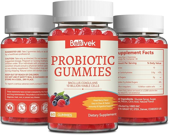 Probiotic Gummies 10 Billion CFU, Bacillus Coagulans for Digestive & Immune Support, Vegan, Non-GMO, Strawberry & Mixed Berry Flavor, 60 Count(Pack of 2)
