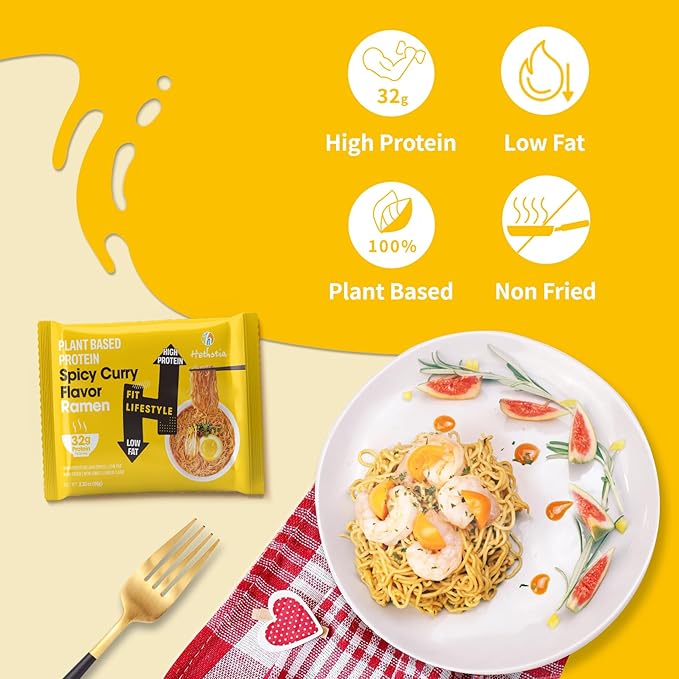 Hethstia Protein Ramen Spicy Curry Flavor, 6-Pack Instant Noodle Soup, 32g Plant-Based Protein, Vegan, Low Fat, Non-GMO, Healthy High Protein Ramen Meal