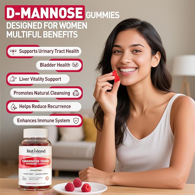D Mannose with Cranberry Gummies, D-Mannose Supplements 1500mg for Women, with Hibiscus for Urinary Tract Health, Bladder, Liver Support, Sugar-Free, Vegan, Raspberry Flavor, 60 Count
