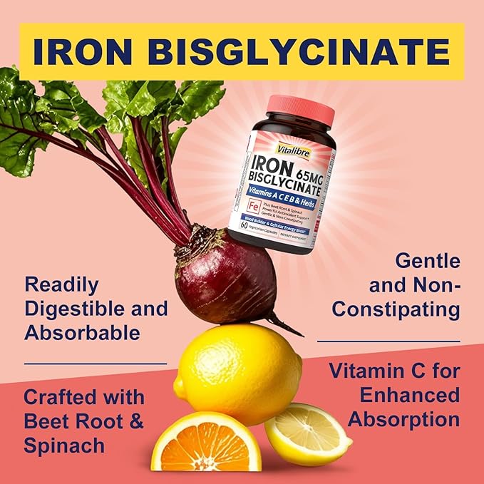 Iron Supplement for Women and Men, Iron Bisglycinate, 65mg Elemental Iron, Non-Constipating, with Vitamins C B6 B12 Folate & Beet Root, 60 Caps