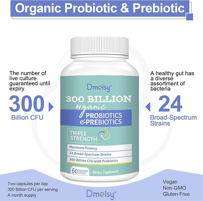 Probiotics for Women and Men, 300 Billion CFU 24 Strains Probiotics + 15 Organic Herbs Prebiotics Blend, Shelf Stable Gut Health Supplement for Digestive Immune & Whole-Body Health, 6 Month Supply