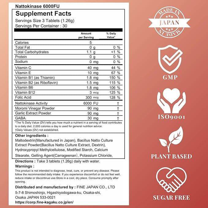 FINE JAPAN Nattokinase 6000FU – Japanese Fermented Natto Enzyme Supplement with Garlic and Vinegar/90 Capsules/Made in Japan (270 Capsules (3 Bottles))