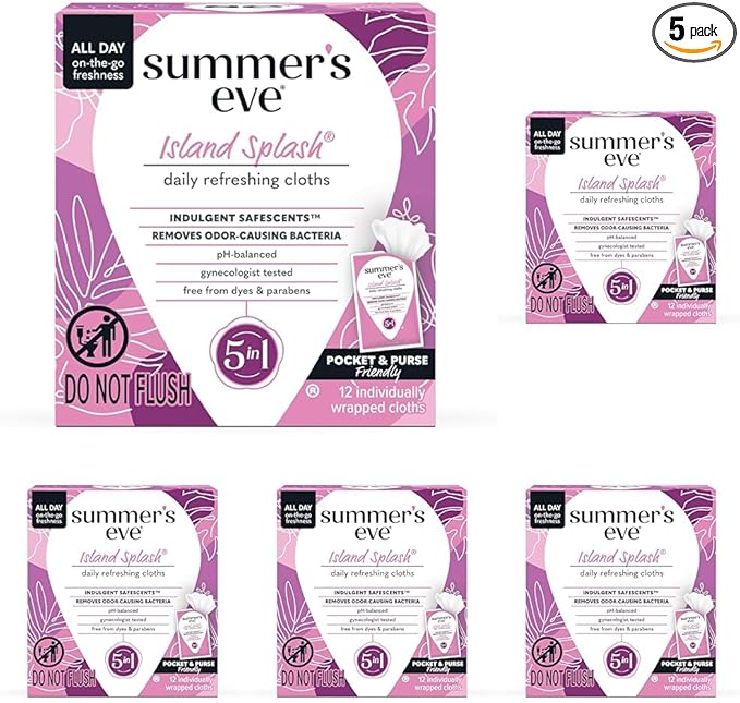 Summer's Eve Feminine Wipes, Island Splash, 12 Count, 5 Pack | Removes Odor | pH Balanced | Daily Refreshing