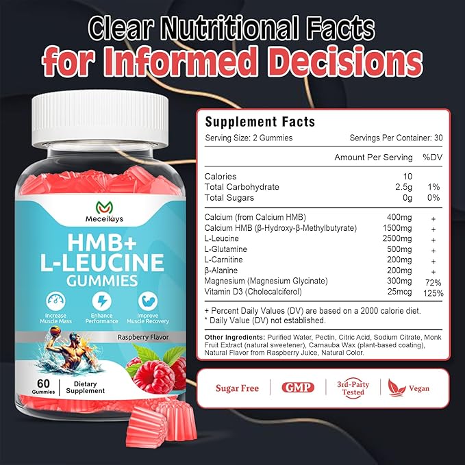 2 Pack Hmb and Leucine Gummies Supplements for Men Women, 4000mg HMB & L-Leucine Amino Acid for Muscle Growth & Fast Work0ut Recovery, Non-GMO, Gluten-Free, Raspberry Flavor,120 Count