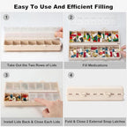 Foldable Pill Organizer 2 Times a Day w/Etched Labels -Dual Protection & Portable Weekly AM PM Pill Box, 7 Day Medicine Container, Large Travel Pill Case for Week Daily Supplement Vitamin - Khaki
