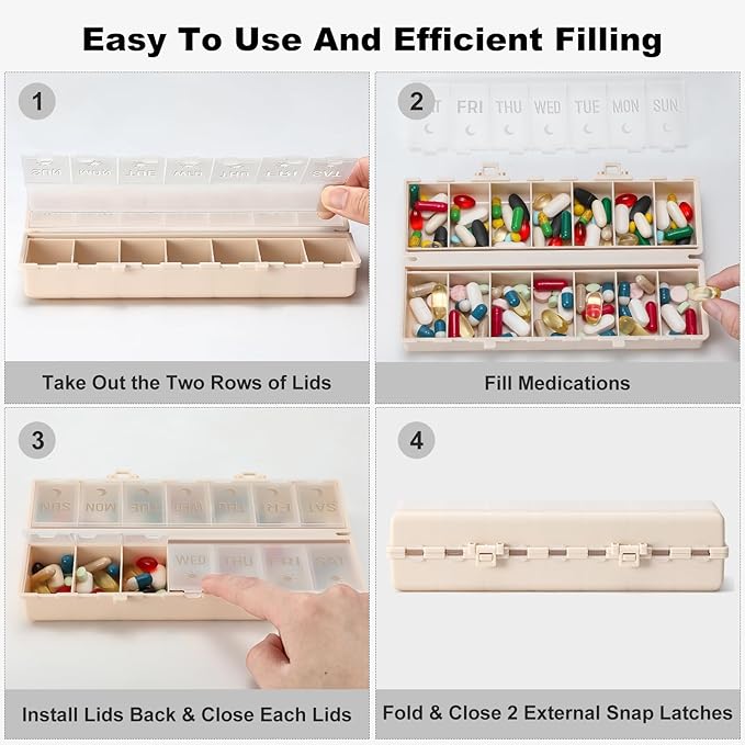 Foldable Pill Organizer 2 Times a Day w/Etched Labels -Dual Protection & Portable Weekly AM PM Pill Box, 7 Day Medicine Container, Large Travel Pill Case for Week Daily Supplement Vitamin - Khaki