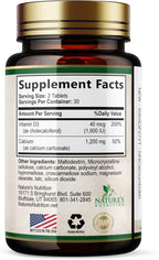 Calcium 1200 mg with Vitamin D3 Per Serving - Bone Health Supplement, Vitamin D & Calcium Supplements for Women & Men - Bone, Teeth & Immune Support, Nature's Calcium Pills, USA Bottled - 60 Tablets