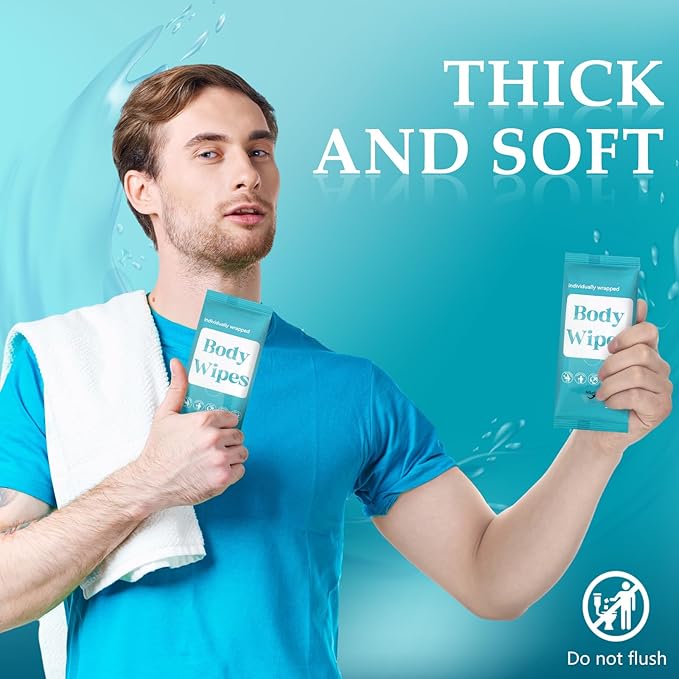 300 Pcs 60 Pack Body Wipes for Adults Bathing No Rinse Individually Wrapped Shower Wipes Washcloth with Aloe Cleansing Body Wash Cloths Disposable Bulk Deodorant Homeless(Blue Background)