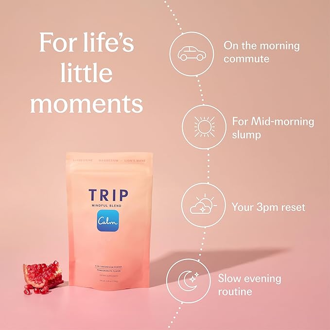 TRIP Magnesium Glycinate Powder with L-Theanine & Lion’s Mane, Sugar Free Magnesium Supplement for Adults, 250mg Magnesium per Drink Mix Serving, Pomegranate Orange Blossom, 1 Bag - 30 Servings