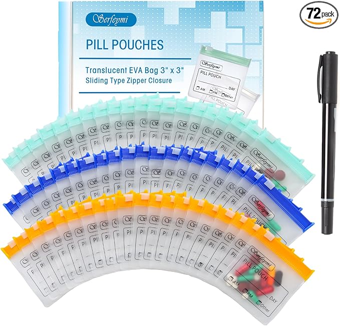 Serfeymi 72 Pcs Pill Pouch Bags for Travel Reusable Plastic Bags 3"x3" 12 mil (Double Sided) Translucent Zipper Pill Pouches for Medicine with Slide Lock & Writable Label, 1x Marker-Green+Blue+Yellow
