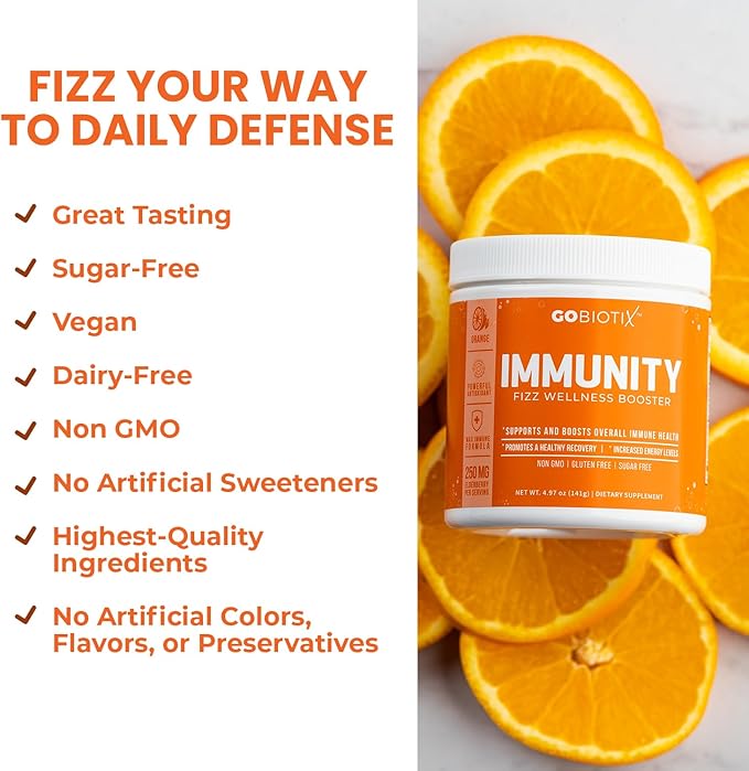 GOBIOTIX Vitamin C - Immune Defense Support Supplement - Immunity Powder Wellness Booster - Vegan Superfood - Elderberry, Turmeric, B12 Vitamin Supplement, Non-GMO and Sugar Free (Orange)