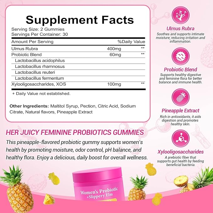Her Juicy Feminine Probiotics Gummies, Premium Feminine Balance Gummies with Slippery Elm for Women's pH Balance, Healthy Odor, Flora and Immune Support – 90-Day Supply