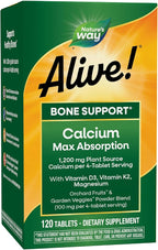Nature’s Way Alive! Calcium Bone Support Tablets*, Max Absorption Calcium Supplement with Vitamins D3, K2, & Magnesium, Promotes Bone Health and Bone Density*, Gluten Free, 120 Tablets
