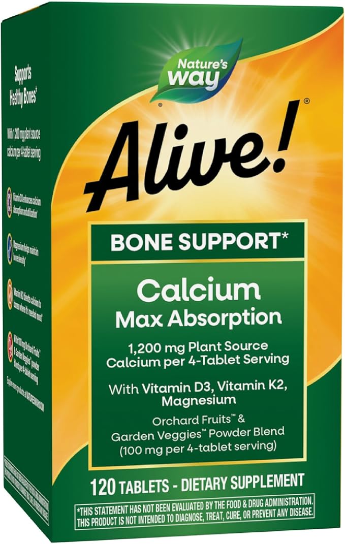 Nature’s Way Alive! Calcium Bone Support Tablets*, Max Absorption Calcium Supplement with Vitamins D3, K2, & Magnesium, Promotes Bone Health and Bone Density*, Gluten Free, 120 Tablets