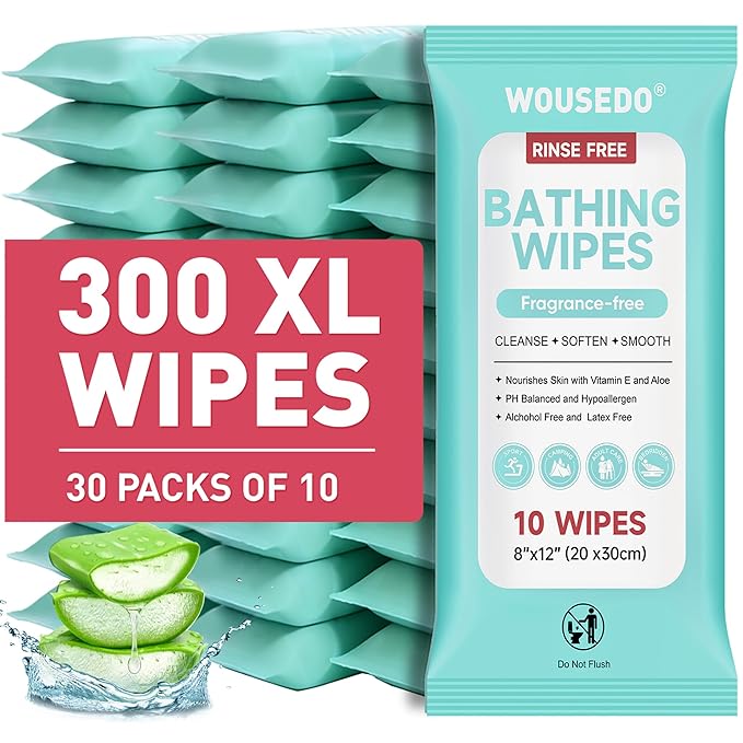 No Rinse Bathing Wipes for Adults - Extra Thick 8x12 Inch Disposable Shower Wipes, Hypoallergenic Unscented Body Cleansing Cloths for Bed Bath, Hospital, Travel, Camping - 300 Count(30 Packs)