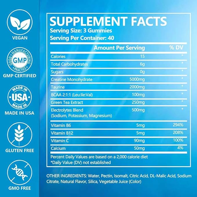 Creatine Monohydrate Gummies Complex 8000mg for Men and Women Creatine with Taurine BCAA Electrolyte for Strength Energy&Muscle Support Pre-Workout Gummies Sugar Free 120pcs