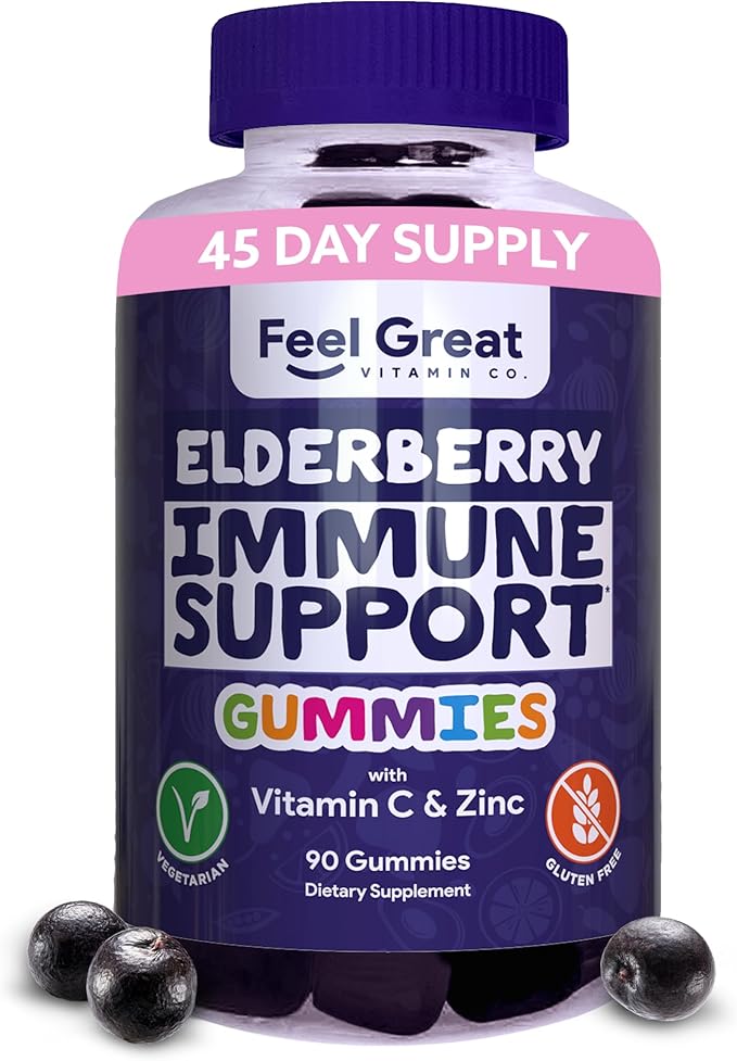 Feel Great Sambucus Elderberry Gummies with Zinc and Vitamin C for Adults | Immune Support Booster | Berry Flavored Vegan Supplement | 90 Day Supply 