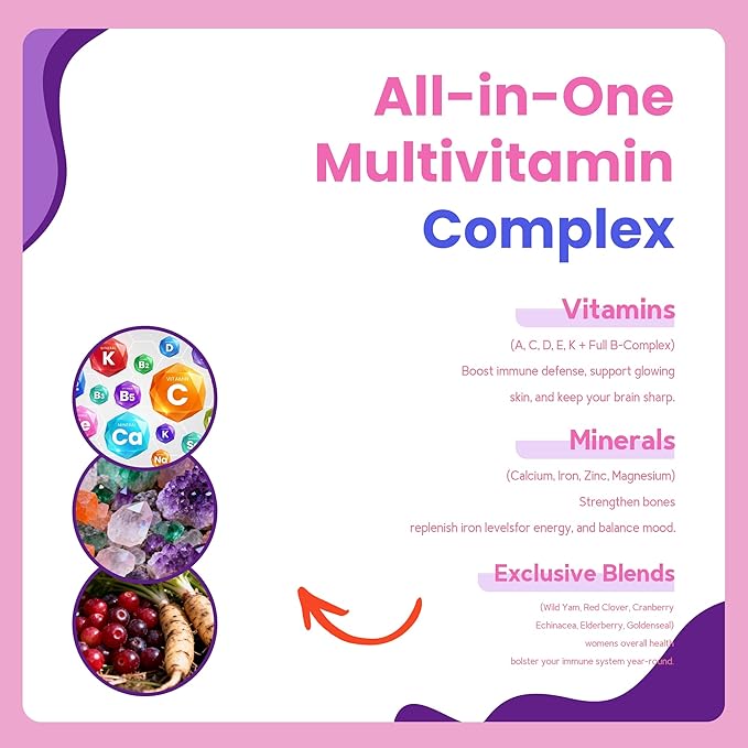 All-in-One Women's Multivitamin Gummies with Complete Vitamin & Mineral Complex, Herbal Blends for Energy, Overall Health, High Potency Hair Skin and Nails Vitamins, Strawberry Flavor, 60 Count