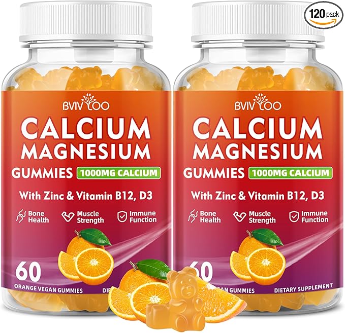 2 Pack Calcium Gummies 1000mg with Vitamin D3 K2 & B Complex, Potassium, Calcium Magnesium Zinc Gummies for Bone, Muscle, Mood and Immunity - Orange Flavor 120 Gummies