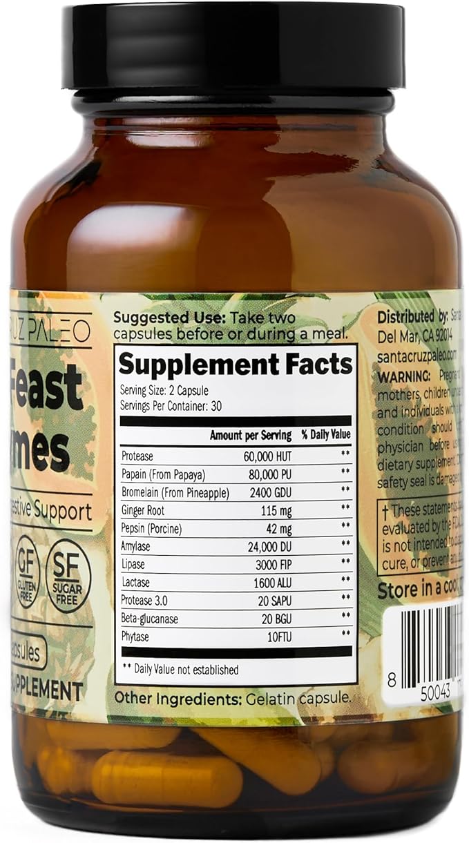 Santa Cruz Paleo, Pre-Feast Digestive Enzymes Supplement, Multi Enzyme for Women and Men, Fiber Supplement for Gut Health & Digestive Health, Gluten Free, Keto, Paleo, Sugar Free, 60 Capsules